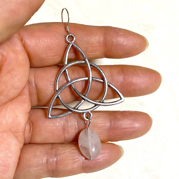 2/$20, Genuine Pink Rose Quartz Celtic Trinity Sterling Silver Earrings - Picture 8 of 9